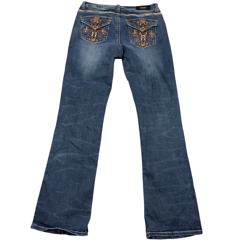 Sexy Couture Blue Embroidered Cross Bootcut Jeans Size 15 Y2K Sequins Studs